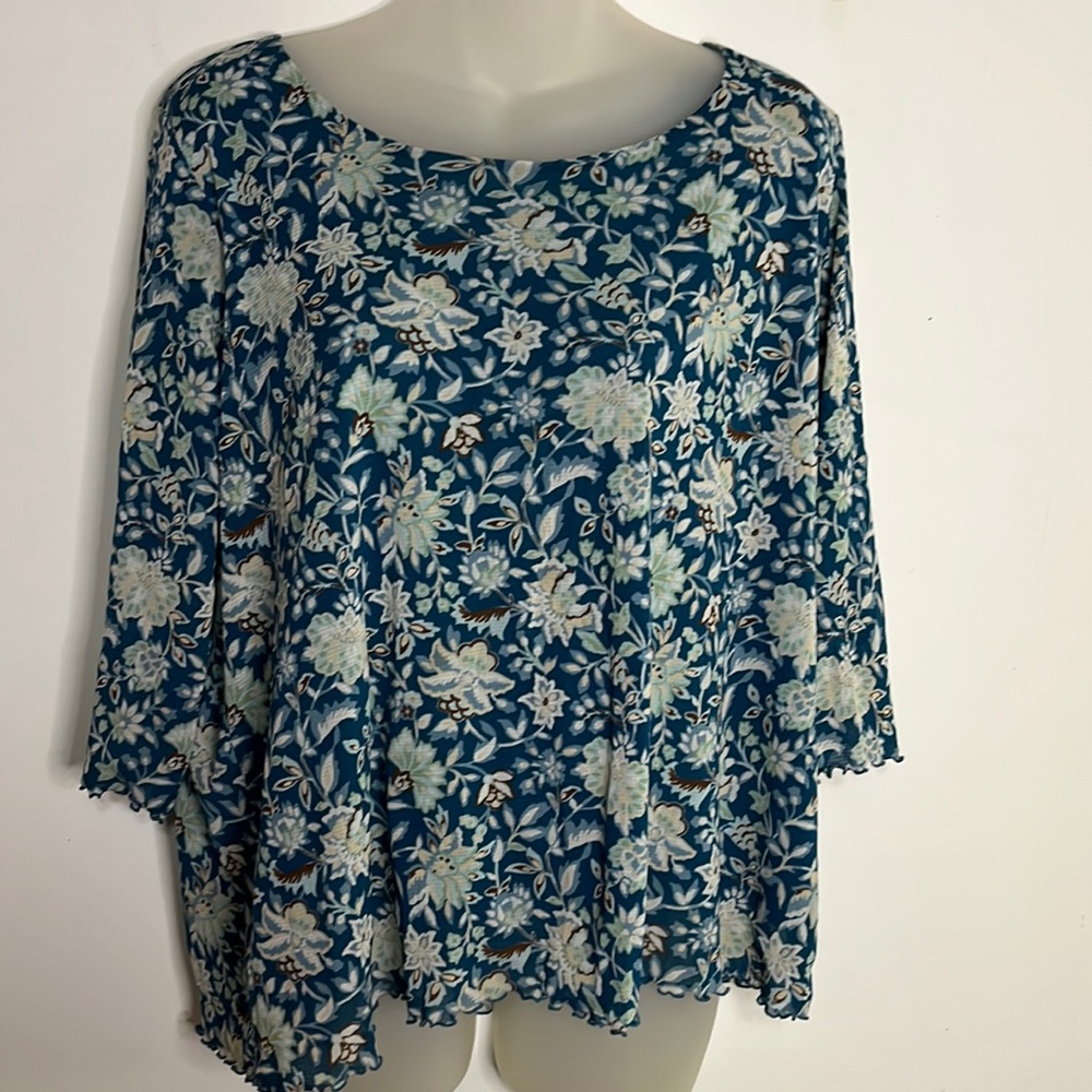 JH Collectibles Vintage Blue Floral Mesh Tunic Blouse 3/4 Sleeve Top